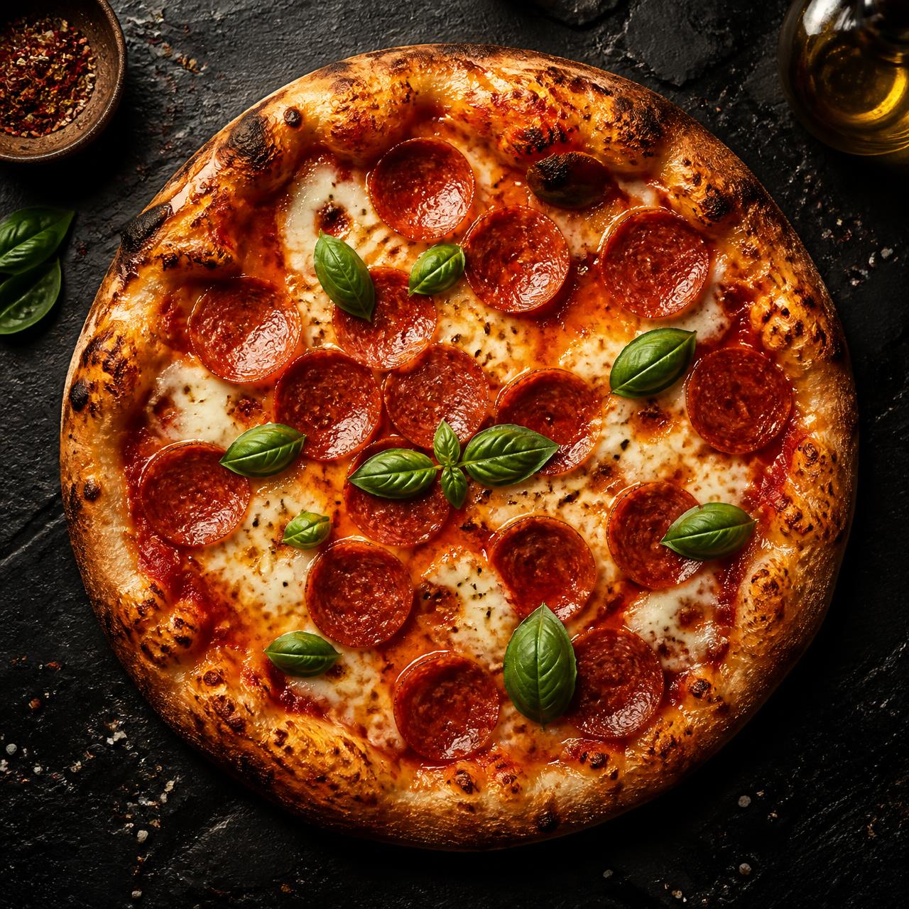 Freshly baked pepperoni pizza with basil on a dark slate board